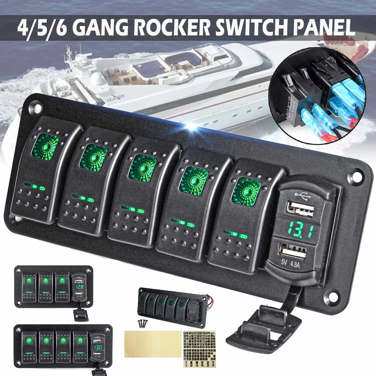 4 Gang Green LED Toggle Rocker Switch Panel Circuit Breaker Car Marine Boat RV