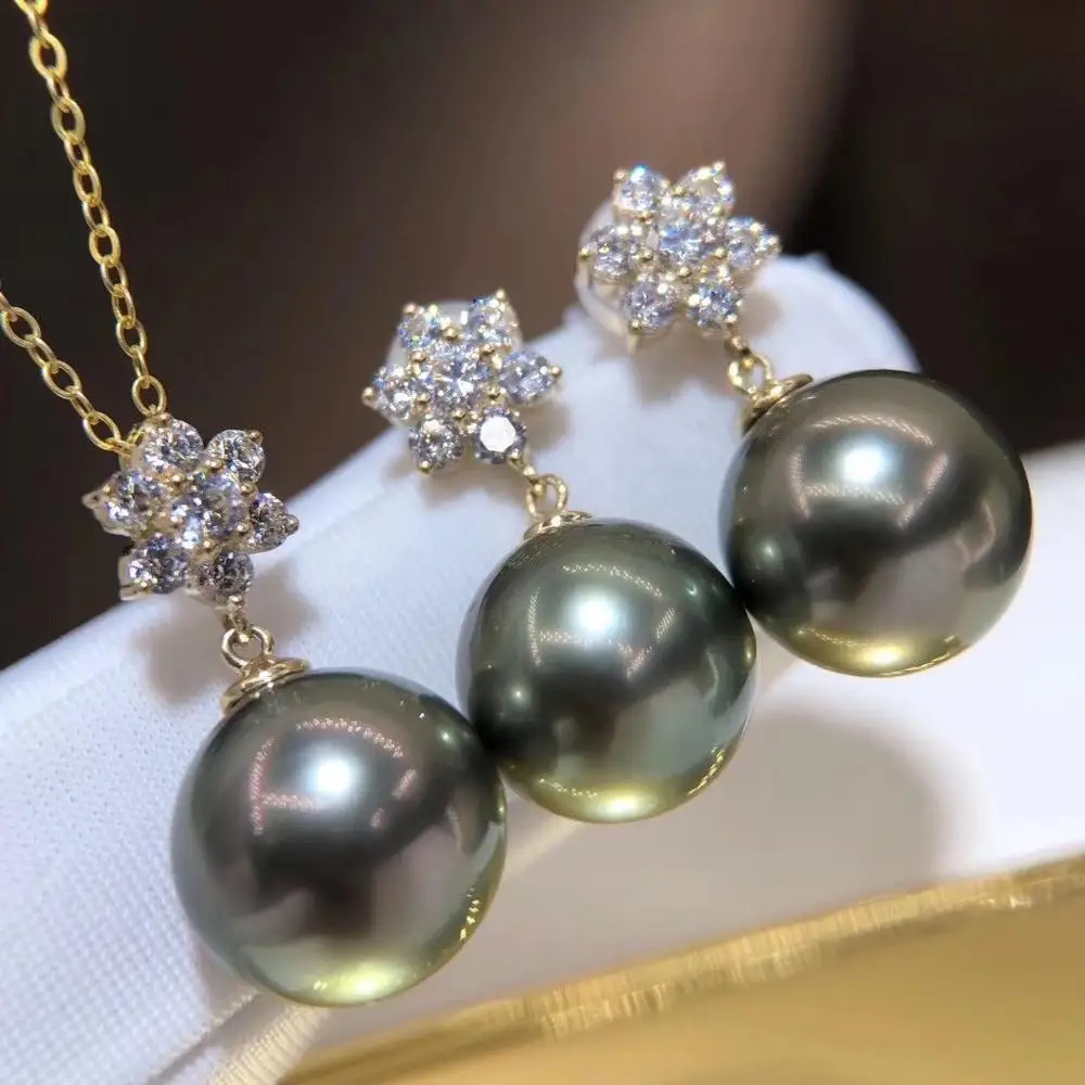 D919 진주 세트 파인 쥬얼리 솔리드 18K 골드 라운드 10-12mm 자연 바다 물 타히티 진주 쥬얼리 세트 여성 선물