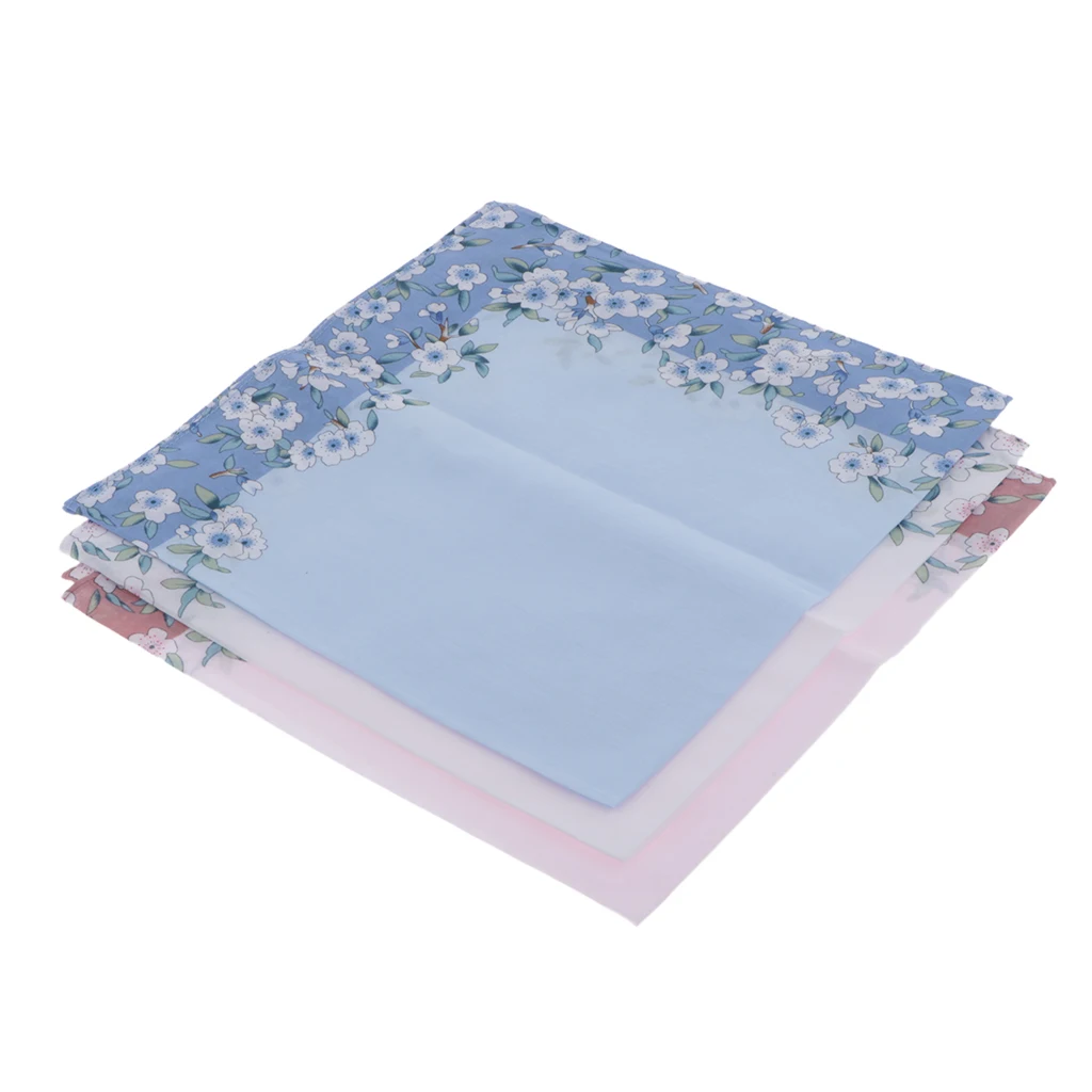 3pc Pink Blue White Handkerchiefs Women Flower Printed Hanky Soft Kerchiefs Wedding Party Hankie 43X43cm Ladies Handkerchief 