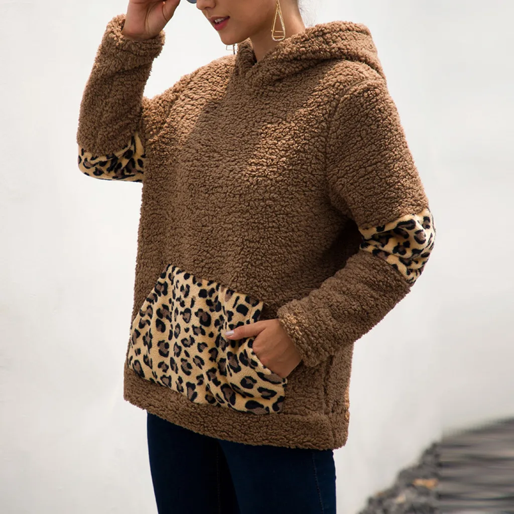 Vogue Teddy, женские толстовки, пушистый искусственный мех, с капюшоном, Леопардовый свитшот, пальто, теплое пальто с карманами, верхняя одежда Bluza damsk 8M3