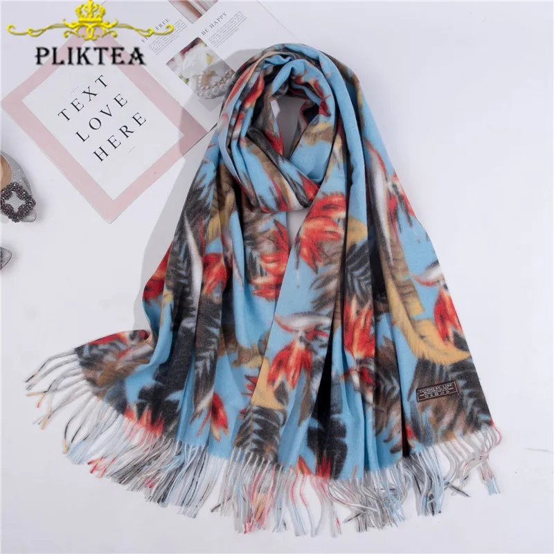 

Vintage Leaf Flower Print Scarf for Women Elegant Blue Faux Cashmere Shawl Winter Soft Female Tippet Scarf Retro Floral Scarves
