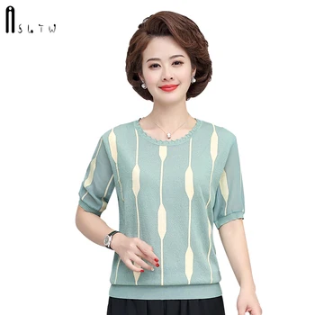

ASLTW Women Summer T-Shirt 2020 New Fashion Print Stripe O Neck T-shirts for Women Short Sleeve Thin Knitted Female Tees Top