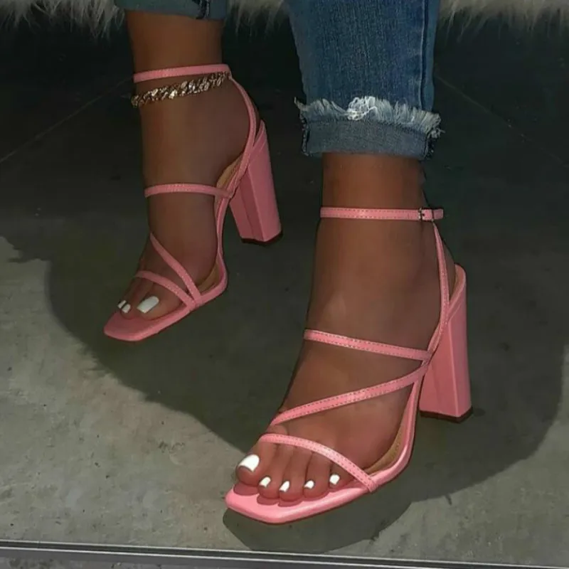 

2020 Pink Strappy Mule Heels Sandals Slippers White Women High Heels Flip Flops Square Toe Slides Brown Party Shoes New