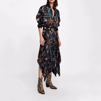 

Stylish Temperament Wild Printed Bomber Jacket Casual Printed Chain Regular Zipper Jacket Pleated Asymmetric Midi Skirt Suit