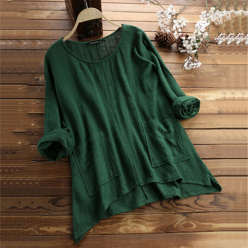 Plus size shirt autumn women's retro solid color round neck irregular pocket women |