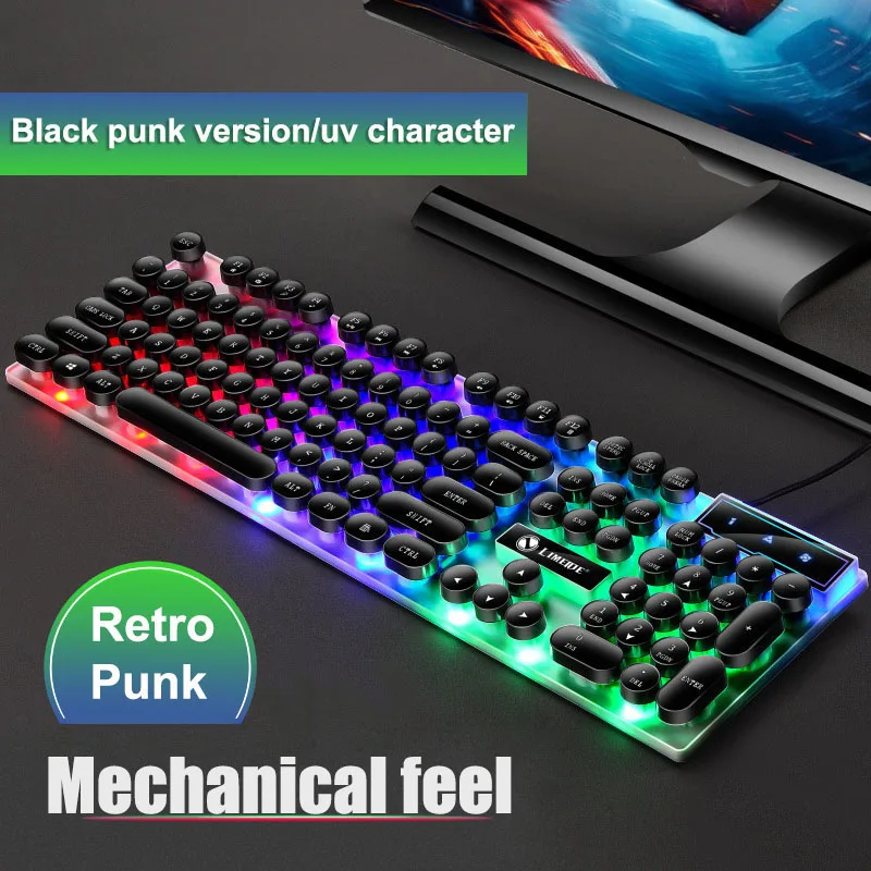 Teclado mecánico Punk con cable para videojuegos, periférico Retro retroiluminado con botón flotante, color blanco y negro, para PC y portátil, 104 teclas - Imagen 2
