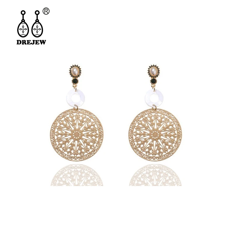 

DREJEW Bohemian Big Openwork Gold Black Circle Statement Earrings 2019 925 Pearl Drop Earrings for Women Wedding Jewelry HE189