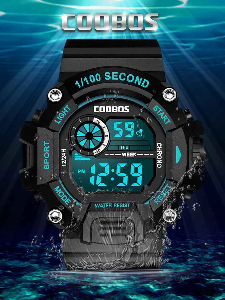 Coobos Men Digital Watch 2022 Birthday Gift Silicone Strap 1/100 Second Sport Clock Green Light Waterproof Wrist Watches for Man