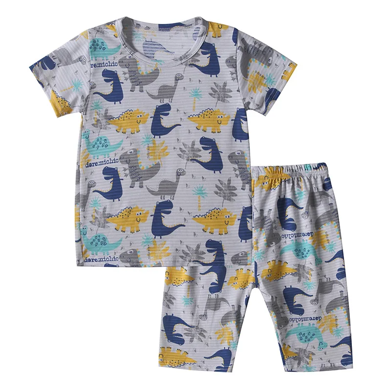 Summer New Style South Korea Childrenswear Children Homewear Set Short Sleeve Pajamas Men's Slub Cotton