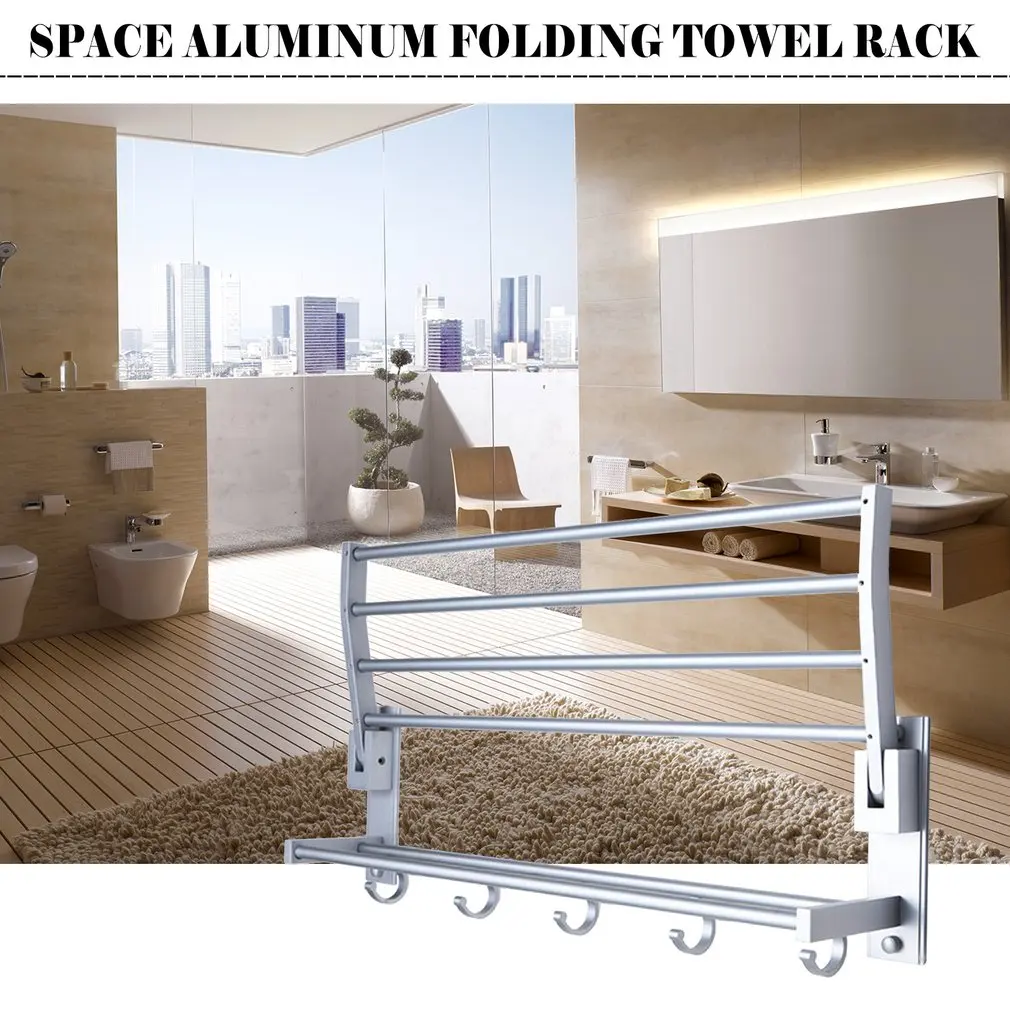 Алюминиевый складной держатель для полотенец для ванной комнаты, вешалка для хранения, кухонная Мочалка для отелей, полка для одежды с крючками