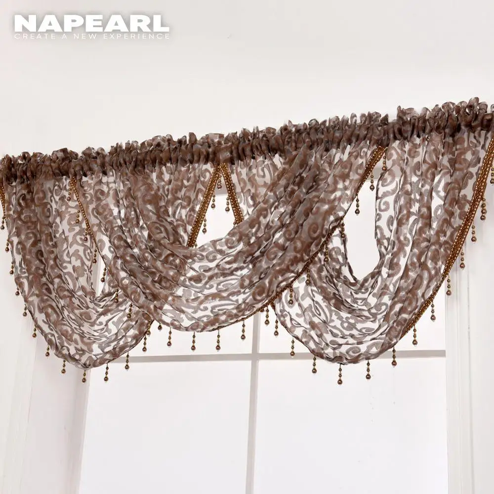 NAPEARL Transparent Sheer Waterful Valance for Living Room Window Curtains Home Beads Decoration Elegant Rod Pocket Short Drapes