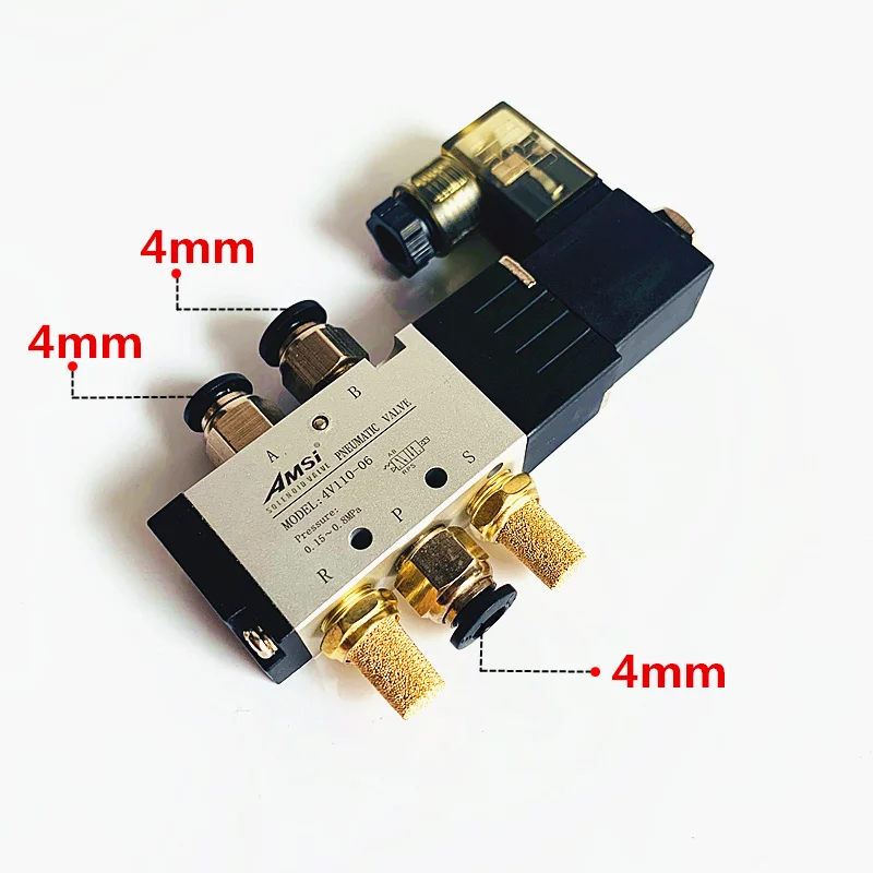 4V110-06 AC220V DC24V/12 V 2 Postion 5 way Пневматический электромагнитный клапан манипулятор аксессуары привод - Цвет: with-4mm-Fitting