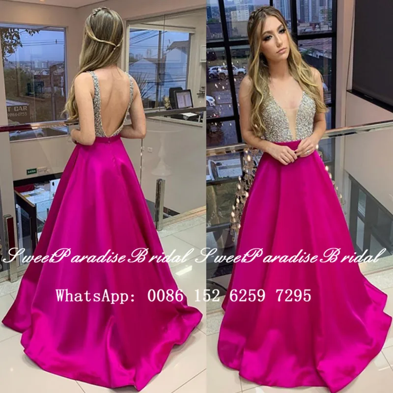 

Sparkling Silver Crystal Beads Evening Dress 2020 Fuchsia Deep V Neck Backless Women Formal Long Prom Dresses Robe De Soiree