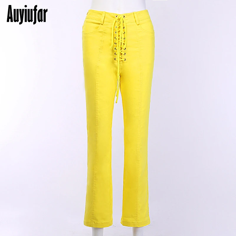 yellow Auyiufar однотонные повседневные штаны для женщин с высокой талией на шнуровке повседневные длинные штаны модные желтые женские прямые брюки - Цвет: yellow
