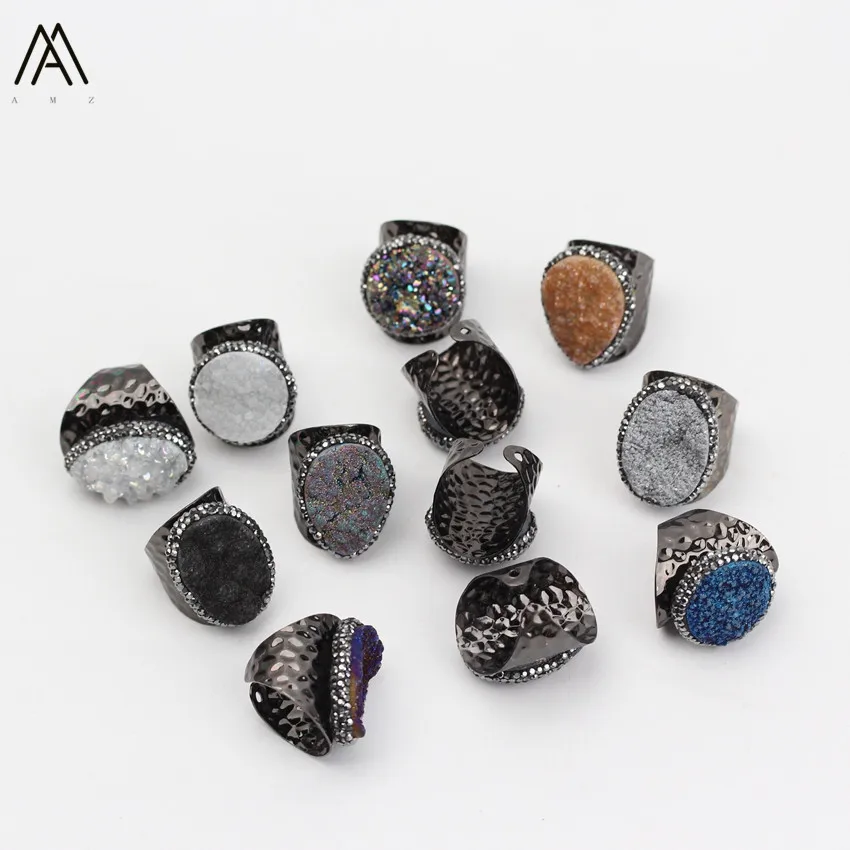 

5PCS Random Round Oval Nature Agates Stone Paved Rhinestones Open Rings ,Women Black Copper Teardrop Finger Ring Jewelry YT-126