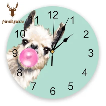 

Bubble Gum Sneaky Llama in Green Printed PVC Wall Clock Modern Design Home Decor Bedroom Silent O'clock For Living Room