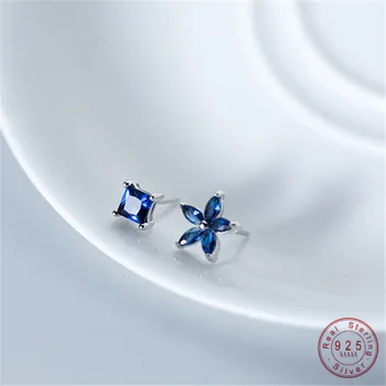 

WANTME Luxury Korean Blue Crystal Zirconia Square Five Petals Stud Earrings for Women 100% Real 925 Sterling Silver Jewelry Gift