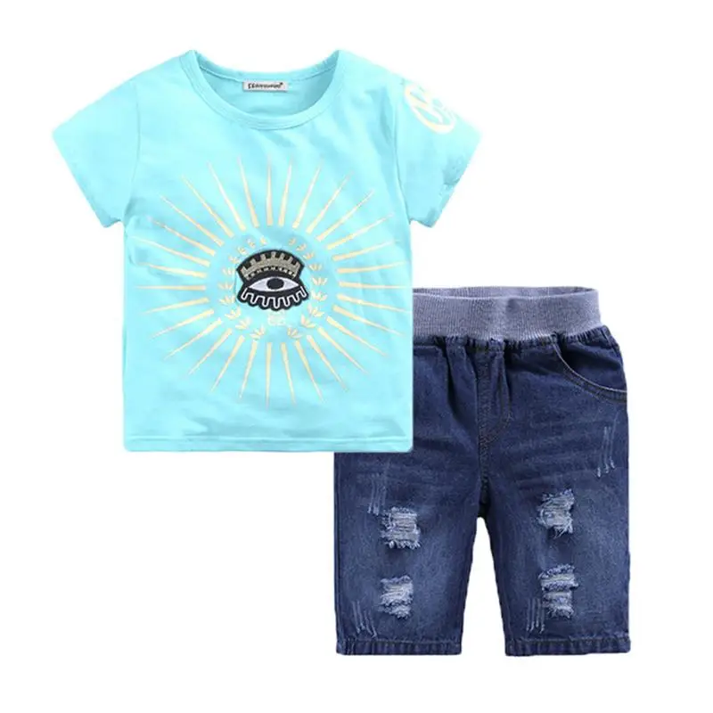 Коллекция года, осенне-летняя одежда для маленьких мальчиков футболки+ джинсы, 3 предмета, спортивные костюмы для мальчиков, детская одежда комплект одежды для детей из 2 От 5 до 7 лет - Цвет: Sky Blue