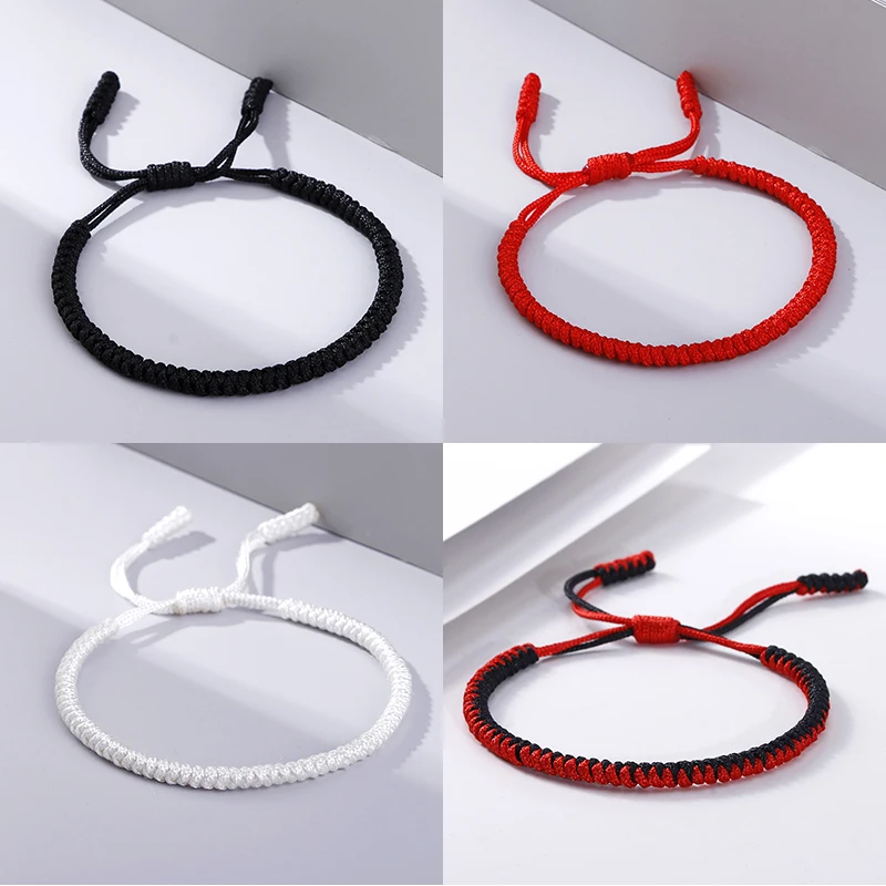 Pulsera de la suerte con cuerda de hilo tejido para hombre y mujer, brazalete de la amistad, de color negro, rojo y blanco