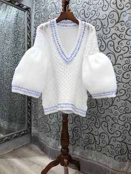 

2020 Early Autumn New Women's V-neck Color Matching Stitching Woven Bubble Horn Sleeve Loose Knitted 718