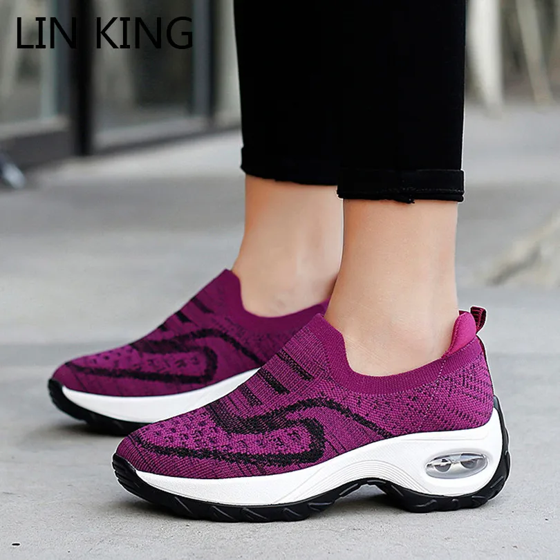 

LIN KING Women Vulcanized Shoes Breathable Knit Woman Casual Shoes Plus Size Slip On Lady Sock Wedges Sneakers Tenis Feminino
