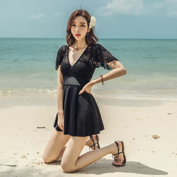 

Short Sleeve V Neckline Lace Sexy Swimwear Women Push Up Hollow Flounce One Piece Swimsuit Skirt Swimming Bathing Suit Monokini