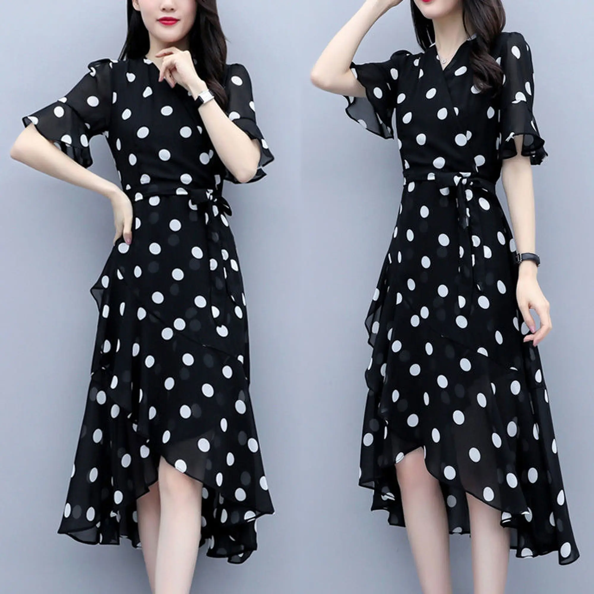 Polka Dot Dress 2020 Summer New Style V-neck Fairy Immortal Chiffon Dress Sweet Waist Hugging Slimming Dress