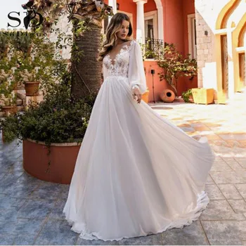 

SoDigne Bohemian Wedding Dress 2020 Simple puff Long Sleeves Lace Appliques V Neck Beach Wedding Gowns Princess Bridal Dress