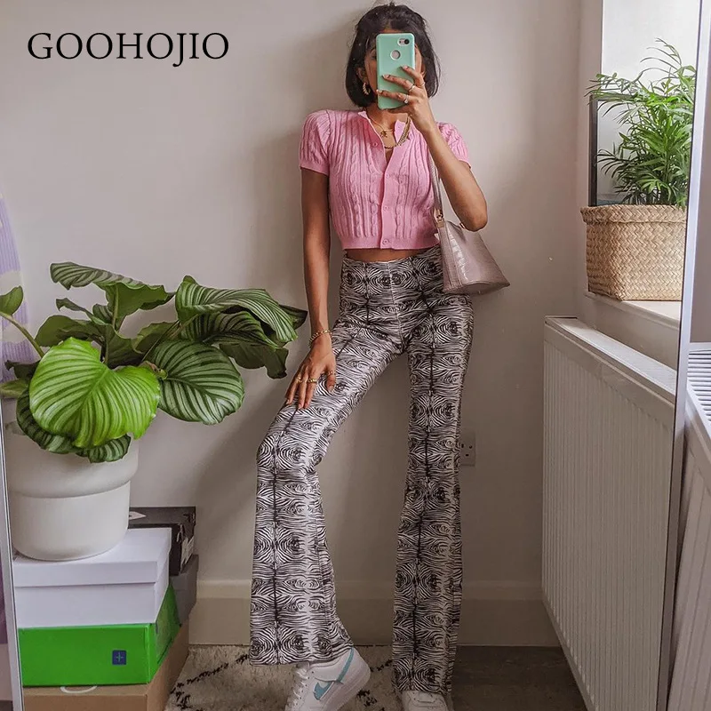 

GOOHOJIO 2021 New Spring and Autumn Casual Printed Flared Pants Women High Waist Trousers for Ladies Fashionable Women Pants