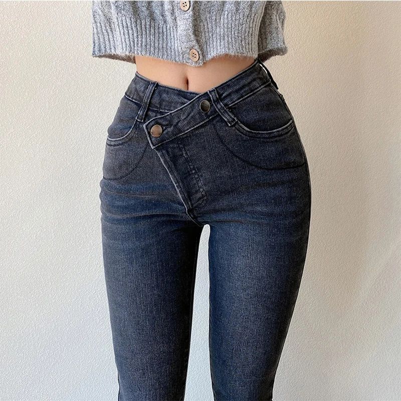 ksubi jeans BGTEEVER 2021 New Jeans Women's High Waist Stretched Hip Slim Fit Skinny Denim Jeans Female Oblique Buckle Pencil Pants Femme blue jeans