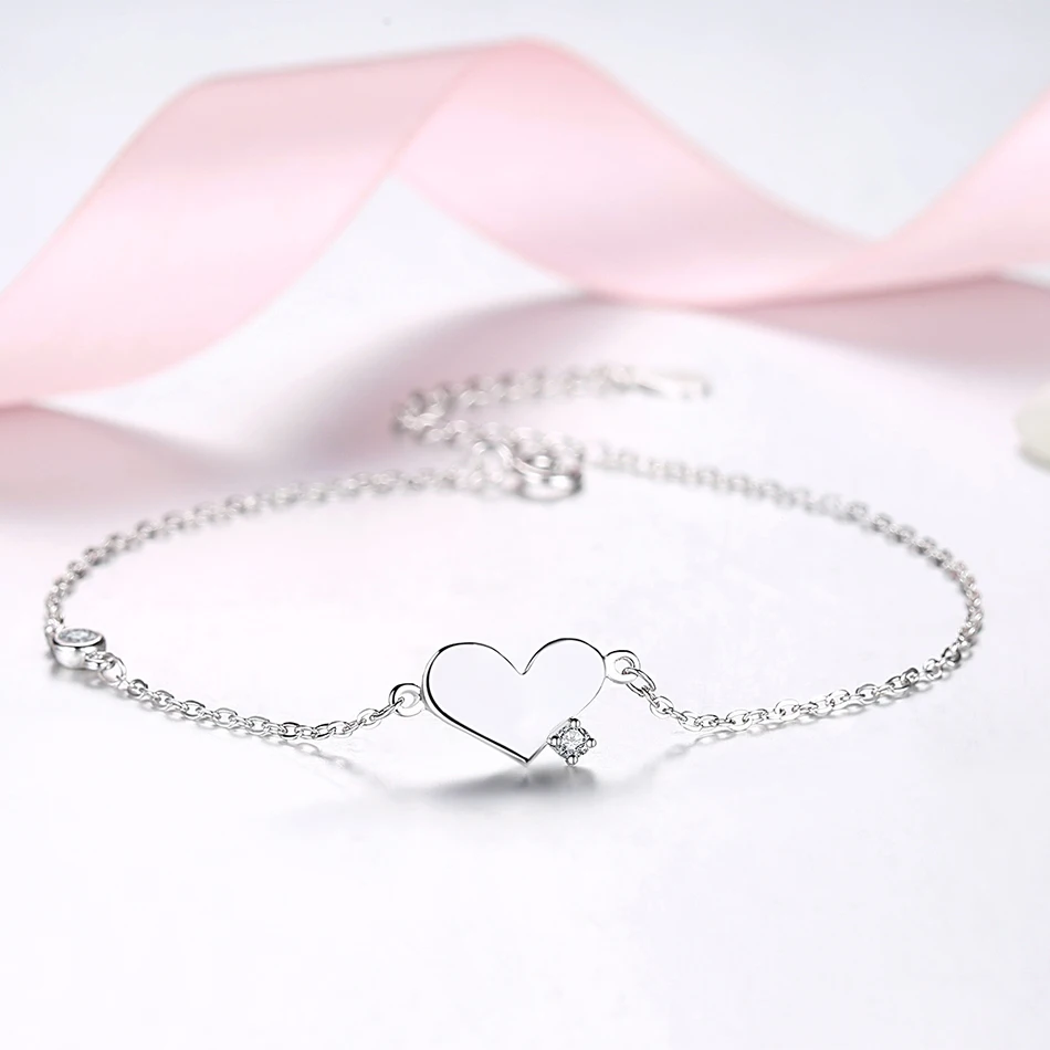 ELESHE 925 Sterling Silver Bracelets Clear Zirocn Heart Charm Bracelet for Women Fashion Silver Bracelet Wedding Jewelry