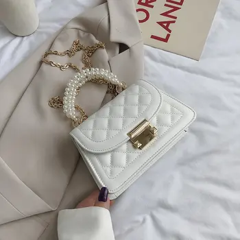 

Quilted Crossbody Bags for Women 2020Chain Handbag Small Bag PU Leather Hand Bag Ladies Designer Evening Bags with pearl Handle
