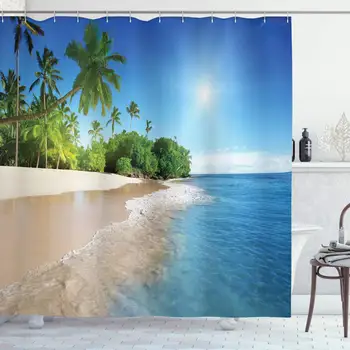 

Blue Shower Curtain Ocean Tropical Palm Trees Sunny Island Beach Scene Waterproof Cloth Fabric Bathroom Decor Set With Hooks