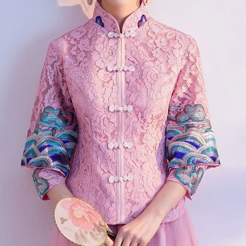 Китайский стиль, женское вечернее платье, Qipao, винтажное, вышивка, кружево, для подружки невесты, свадебное платье, розовый, благородный цветок, Cheongsam