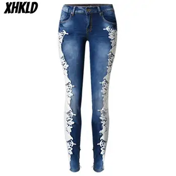 

Women Fashion Side Lace Jeans Hollow Out Skinny Denim Jeans Woman Pencil Pants Patchwork Trousers for Women