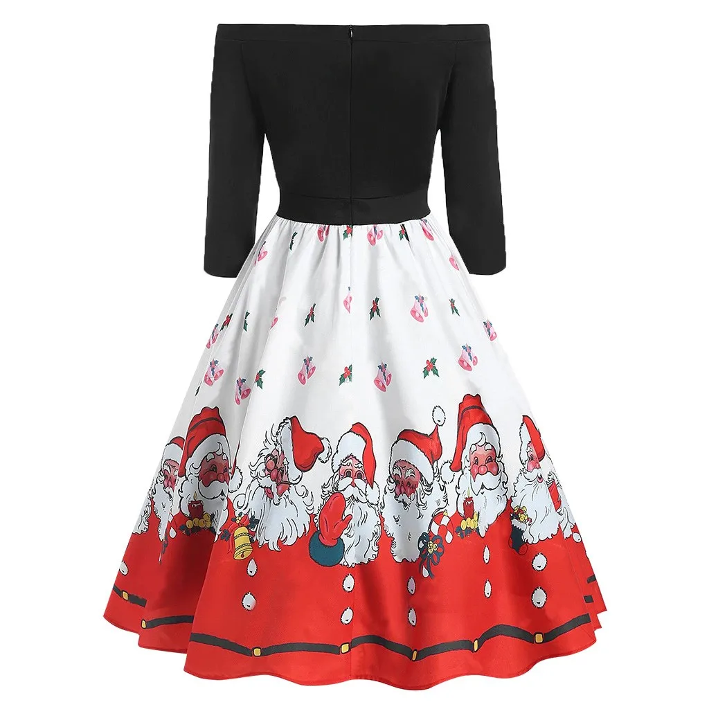 Christmas Print Women's dress Fashion Patchwork Sundress Female Sexy Off-Shoulder Zipper Hepburn Style High waist Party Dress | Женская