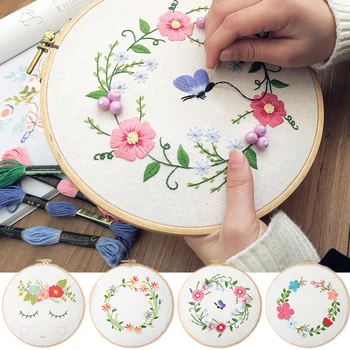 

DIY Flower Embroidery Kit Bamboo Hoop for Beginner Easy Needlework Floral wreath Cross Stitch Wall Painting Art Home Decor Gift