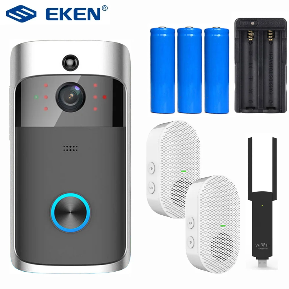 Black EKEN V5 Smart WiFi Video Doorbell Cloud Storage Aiwit App With 3pcs Battery New Chime Wireless Home Security Camera | Безопасность