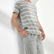 Homem de algodão listrado homem de duas peças conjunto de pijamas shorts de manga curta casual roupas esportivas tamanho grande masculino pijamas agasalho