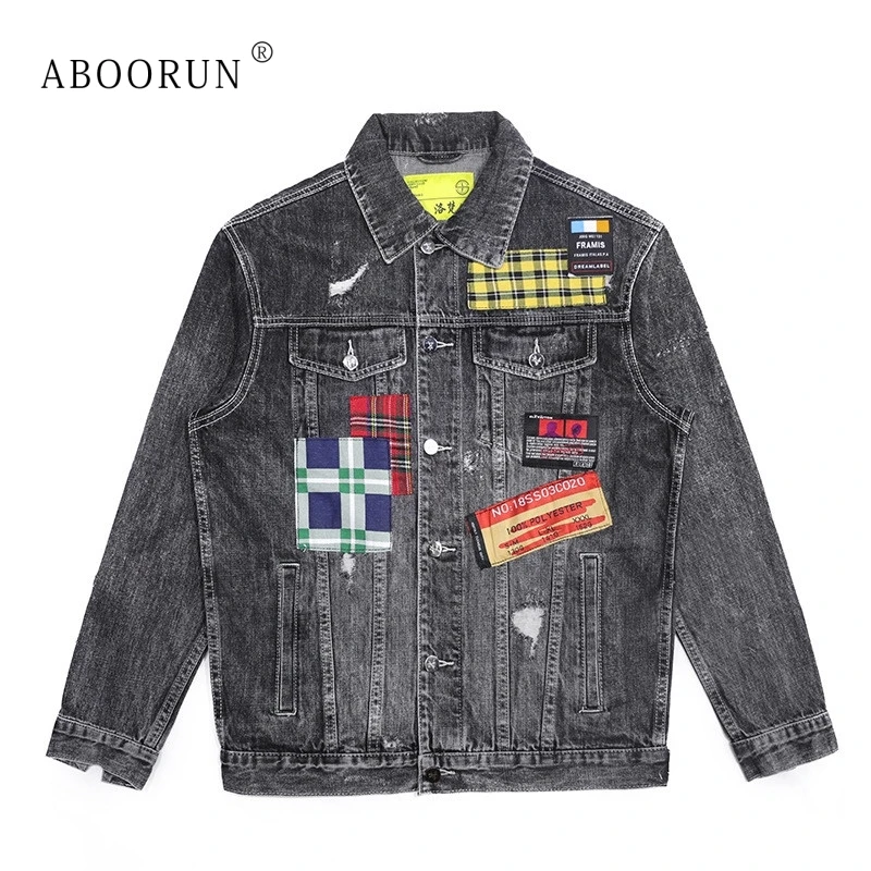

ABOORUN Men's Vintage Plaid Patchwork Denim Jackets Distressed Ripped Denim Jackets Hip Hop Coat Streetwear Male