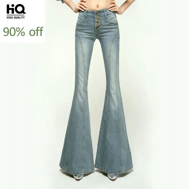 

2020 Brand Lady Slim Wide Leg Denim Flare Pants High Waist Single Breasted Women Boot Cut Jeans Trousers Autumn Winter Clothing
