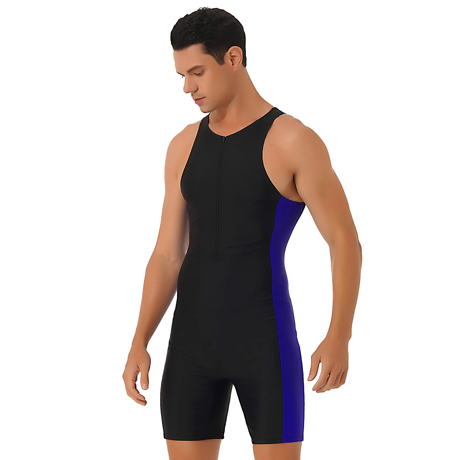 Men swimsuit, male swim rash guard Men One-piece Swimwear Sleeveless Zipper Bodysuit Swimsuit Triathlon Wetsuit Rash Guard Beach Pool Bathing Suit Surf Clothing