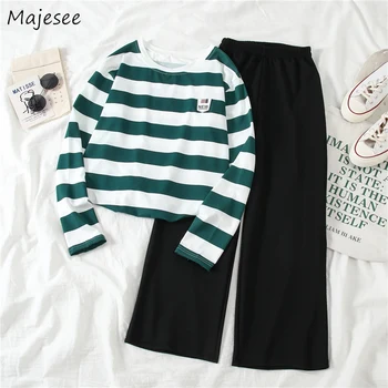 

Women Two Piece Sets Striped O-Neck Simple Student Korean Style Womens Tops Wide Leg Trousers Black Loose 2XL Harajuku Casual