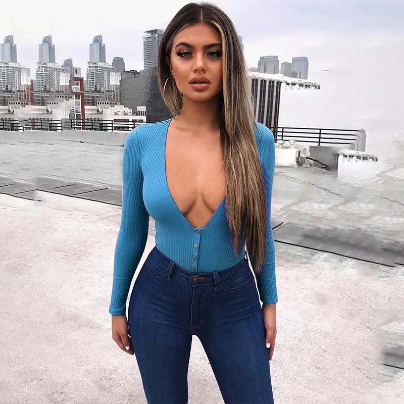 

Sexy Club Women's Laides V-Neck Full Sleeve Sheath Bodycon Solid Autumn Tops T-shirts Polos Shirts Bodysuits
