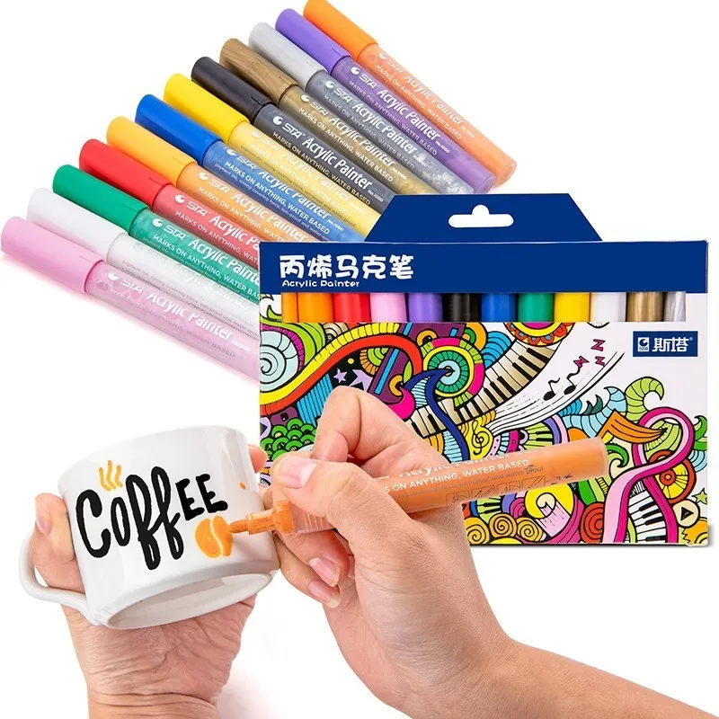 STA 12 24 Colors/Set Acrylic Permanent Paint Marker pen for Ceramic Rock Glass Porcelain Mug Wood Fabric Canvas Painting ink dish for chinese calligraphy and sumi e painting ceramic ink brush washer tray porcelain sauce appetizer plates dishes