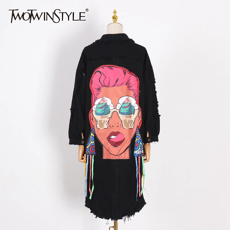 Twotwinstyle 2017 Denim Hole печать женственный Тренч Женский осень кардиган Кружева до Для