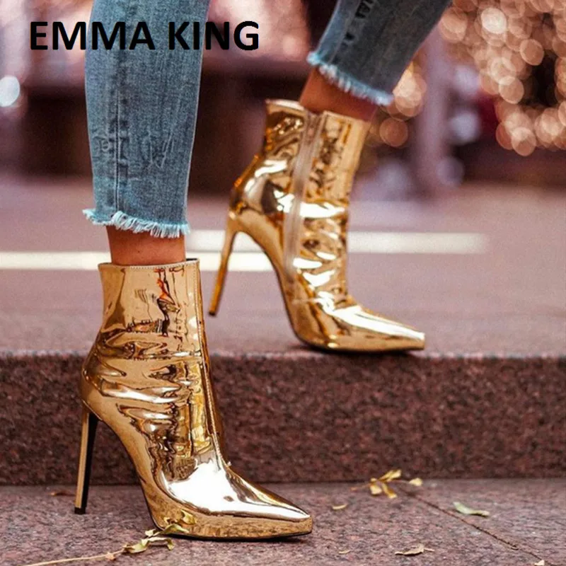 

EMMA KING 2019 New Martin Boots Female Silver Specular Pointed Stiletto Boots Women High Heel Ankle Boots Women Shoes