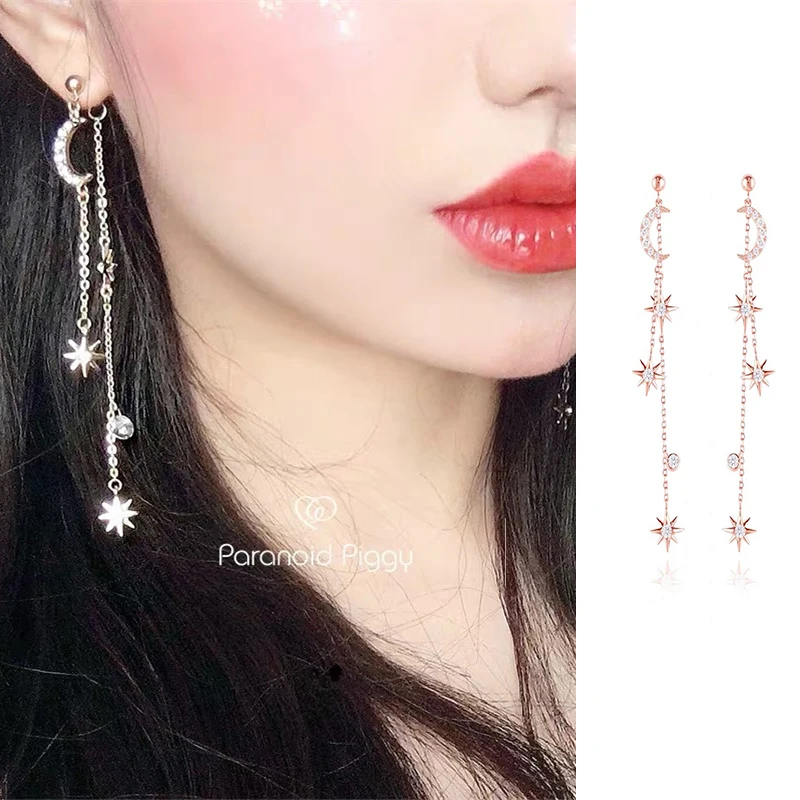 Korean Elegant Moon Rhinestone Long Chain Star Drop Earrings Women Girl Fashion Jewelry Party Gifts Accessories