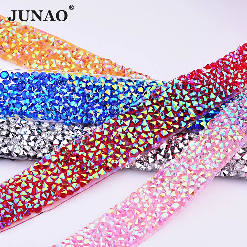 

JUNAO 5 Yard *15mm Hotfix Colorful AB Rhinestone Fabric Trim Strass Chain Banding Resin Crystal Ribbon Applique for DIY Clothes