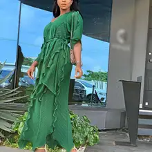 Мода тяжелая работа Плиссированное свободное v-образным вырезом со средним рукавом модное Африканское женское платье А7